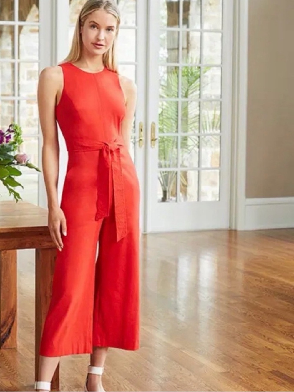 Antonio Melani Adelaide Sleeveless Linen Front Tie Jumpsuit in Chili Red Size 8